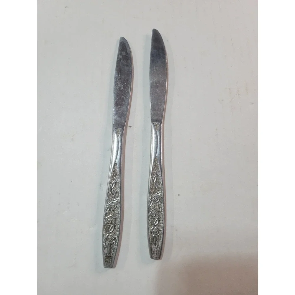 Vintage Geo S‎ Leiner Co Stainless Taiwan Rose Floral Dinner Knives Set of 2
